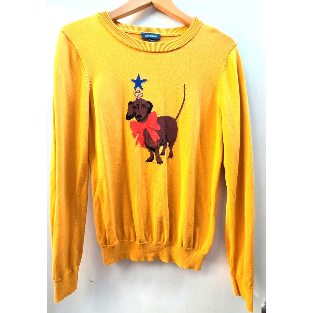 MOD CLOTH Sweater M Dachshund Dog Red Bow Crew Neck Mustard Yellow/Blk/Brn/Blue